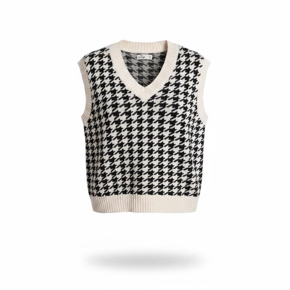 Hollister XS Black White Houndstooth Sweater Vest V Neck Preppy